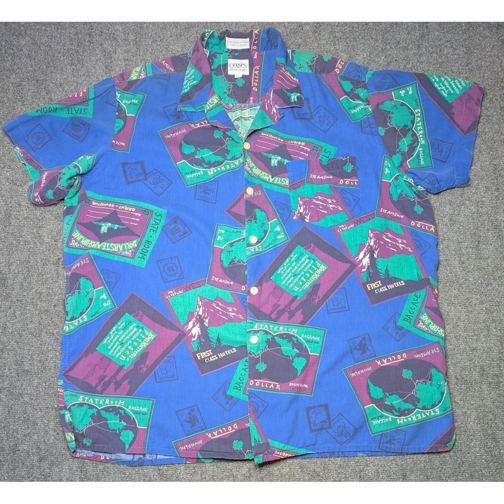 Vintage Chaps Ralph Lauren Mens Short Sleeve Button Down Luggage Tags XL HOLE**